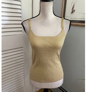 Vintage Pointelle Tank Top Womens Small Metallic Gold Fitted Ribbed Knit Y2K